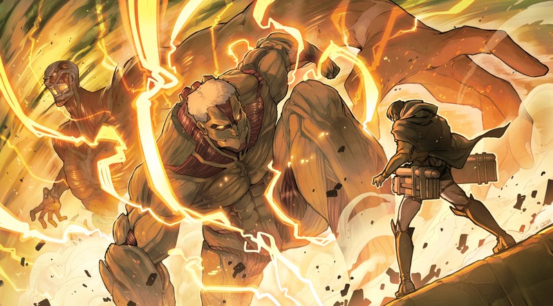 Attack on Titans, Thunderbolt, anime, fire, anime boys, Shingeki no Kyojin, Colossal Titan, Armored Titan