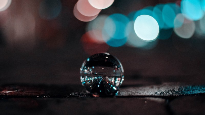 macro, glare, ball, glass, lens flare, cyan, night