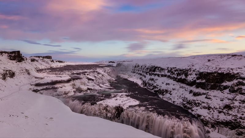 waterfall, ice, snow, sunset, sky, winter, 4k