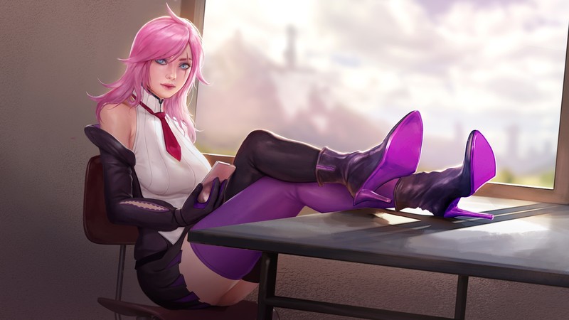 katarina (league of legends), Katarina, League of Legends, video games, video game characters, women, pink hair, blue eyes, tie, fantasy girl, looking at viewer, sitting, jacket, gloves, miniskirt, upskirt, thigh-highs, high heels, legs crossed, cellphone, window, chair, table, scars, Scar on Eye, indoors, realistic, artwork, drawing, digital art, illustration, fan art, Firolian, video game girls
