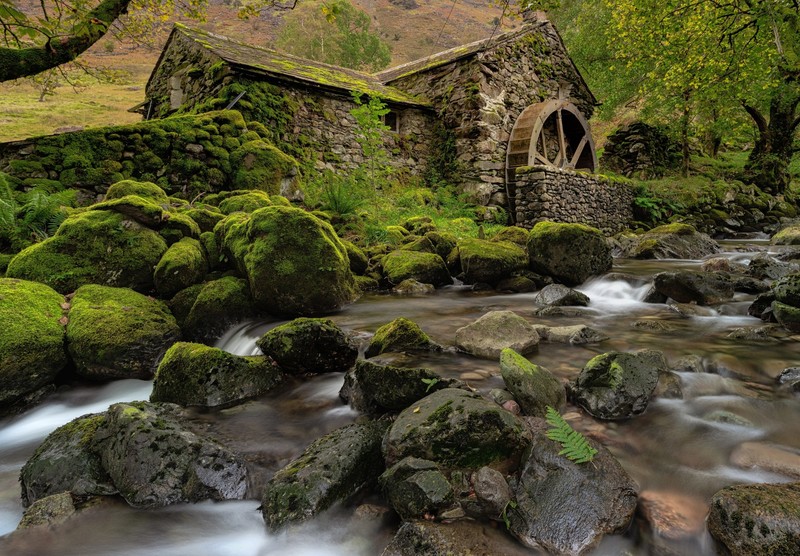 river, water, outdoors, England, Cumbria, moss, rocks, mill
