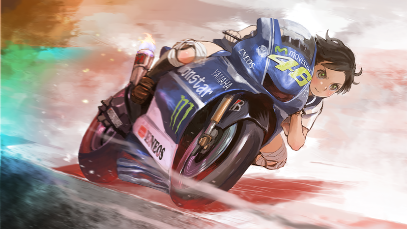 motorcycle, short hair, green eyes