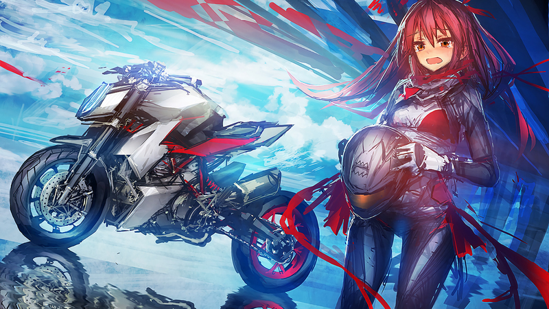 motorcycle, helmet, long hair, bodysuit, redhead