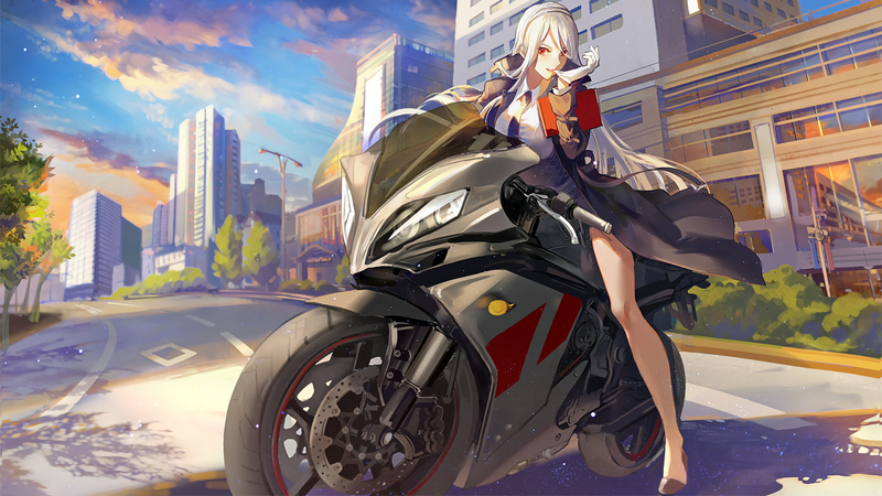 motorcycle, blonde, gloves, clouds, building, long hair, high heels