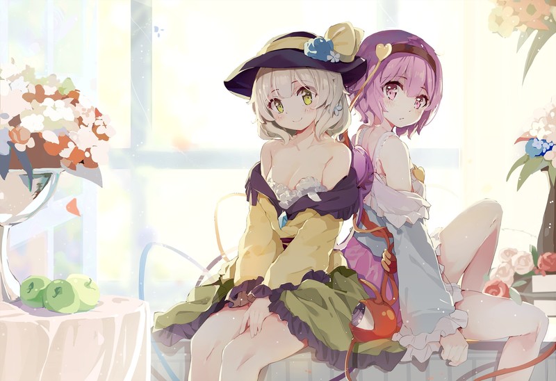 anime, 2D, anime girls, fantasy art, yellow eyes, pink hair, pink eyes, blonde