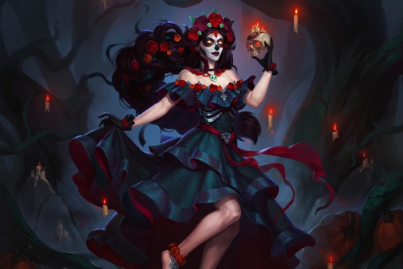 Polina Kirillova, Sugar Skull, skull, women, candles, dark, fantasy art, fantasy girl, artwork, illustration, Dia de los Muertos