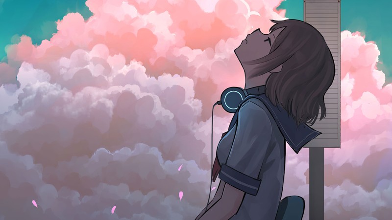 anime, 2D, anime girls, clouds, headphones, school uniform
