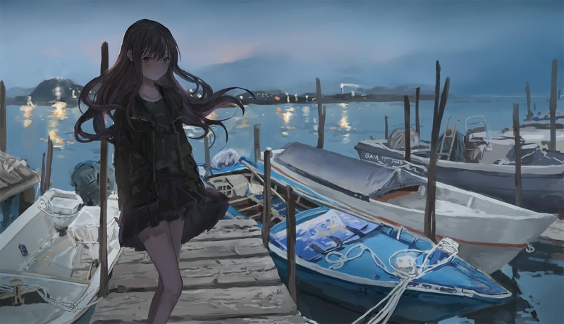 anime, anime girls, catzz, boat, dock, lake