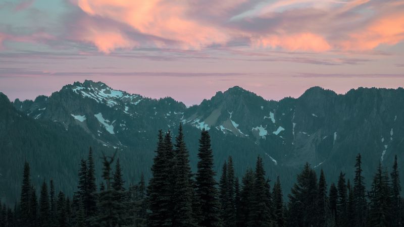 mountains, trees, peaks, clouds, sky, 4k