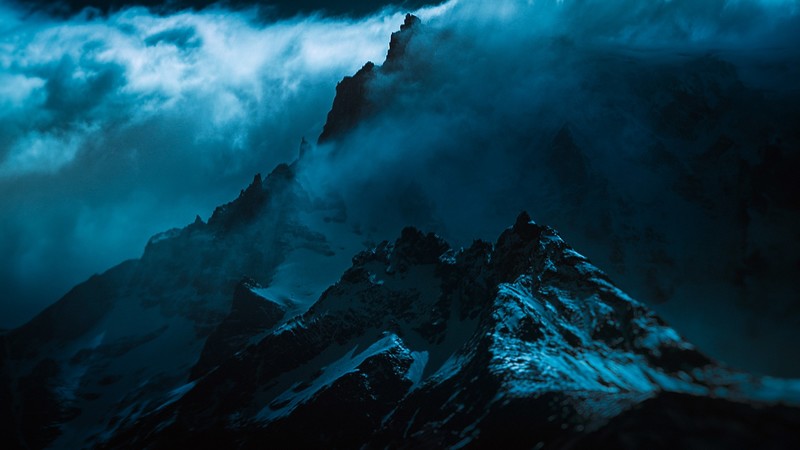 mountains, mist, dark, snowy mountain, summit