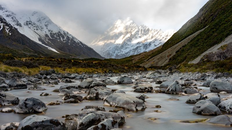 mountains, river, fog, stones, 4k