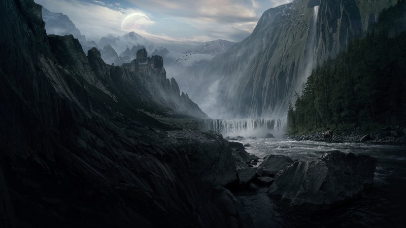 artwork, mountains, landscape, castle, river, rock