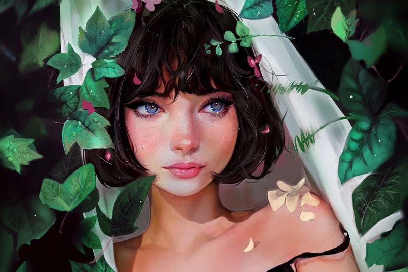 women, blue eyes, face, mouth, lips, brunette, bare shoulders, flowers, leaves, artwork, digital art