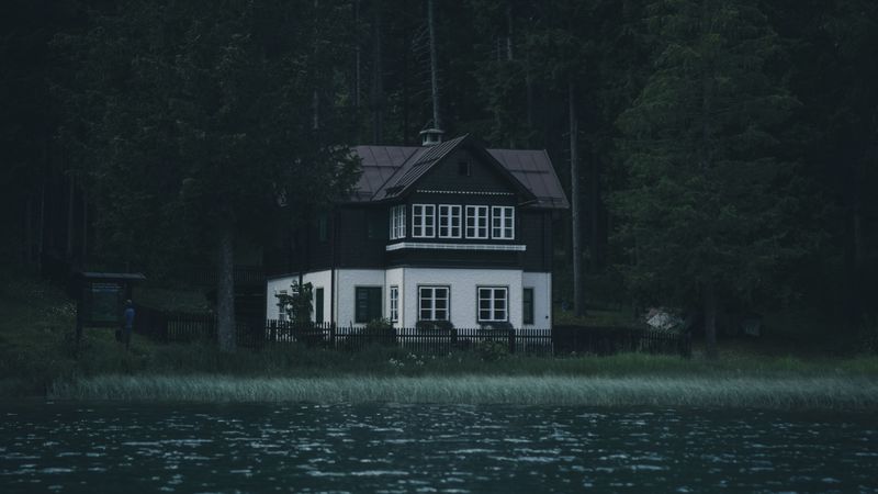 house, river, trees, forest, gloomy, solitude, silence, 4k