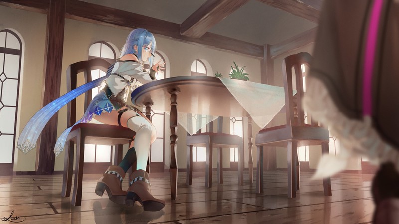 anime, anime girls, digital art, artwork, 2D, portrait, blue hair, sitting, blue eyes