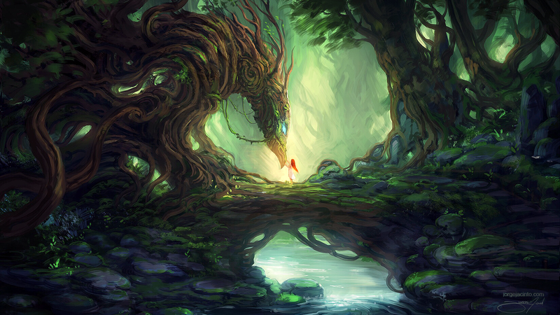digital art, artwork, wood, redhead, women, alone, dress, standing, forest, river, water, fantasy art