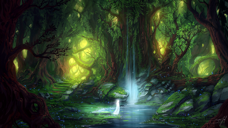 Jorge Jacinto, digital art, artwork, forest, wood, trees, plants, water, pond, women, white hair, dress, alone, standing, fantasy art