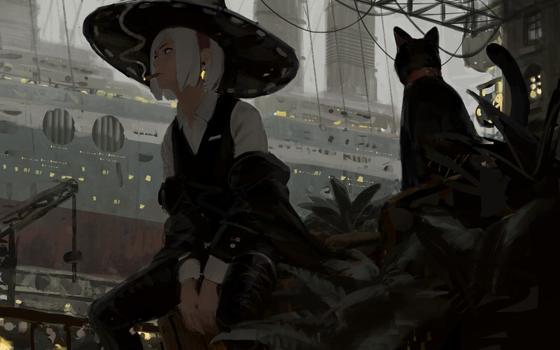environment, cigars, cats, women, boat, cruise ship, plants, glowing, lights, cranes (machine), jacket, GUWEIZ, low-angle