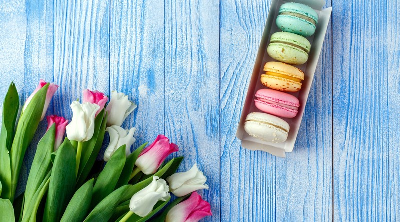 colorful, flowers, sweets, food, tulips, cookies, Macarons, wooden surface, cyan