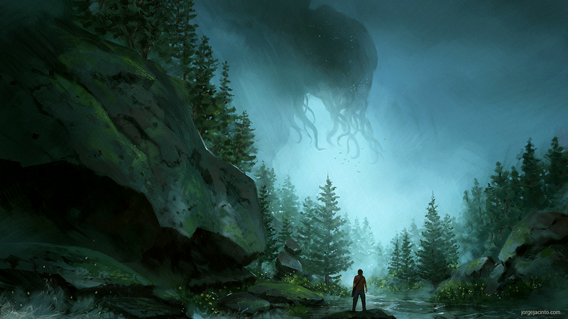 Jorge Jacinto, digital art, artwork, fantasy art, Cthulhu, H. P. Lovecraft, giant, creature, God, alone, standing, trees