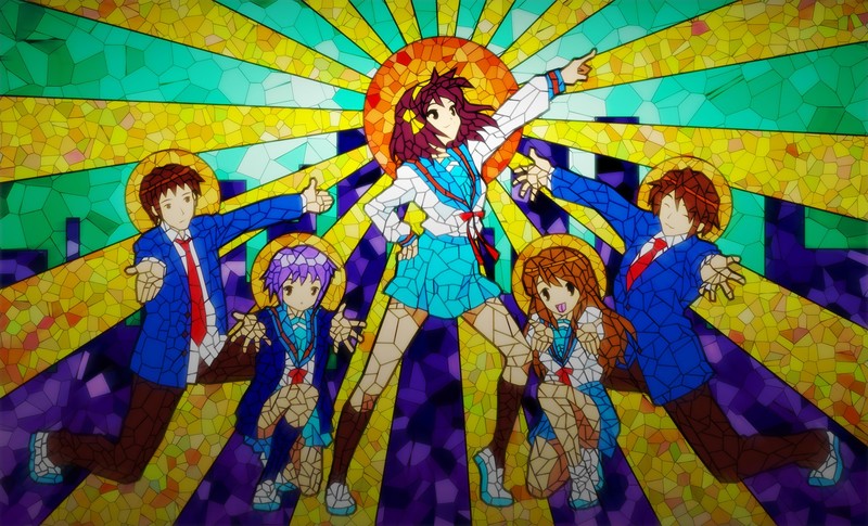 school uniform, anime girls, Suzumiya Haruhi, The Melancholy of Haruhi Suzumiya, fan art, Nagato Yuki, Asahina Mikuru, cityscape, anime boys, stained glass, thighs, brunette, violet hair, 2D