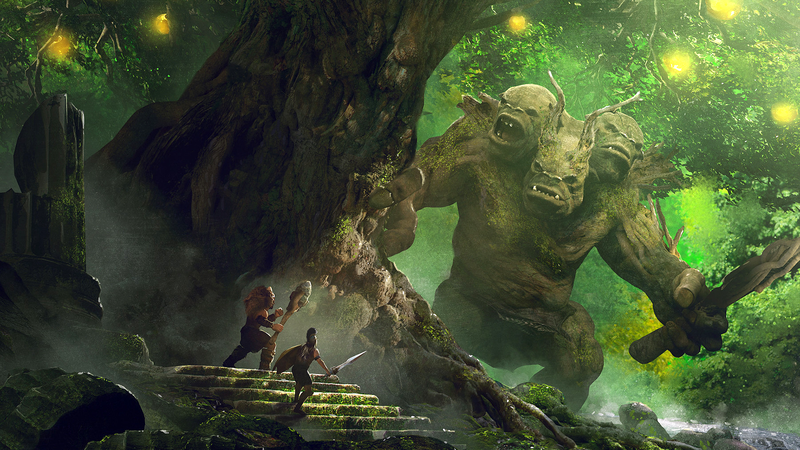 Guillem H. Pongiluppi, artwork, digital art, fantasy art, trolls, combat, sword, shield, mace, trees, three heads, giant, creature, wood