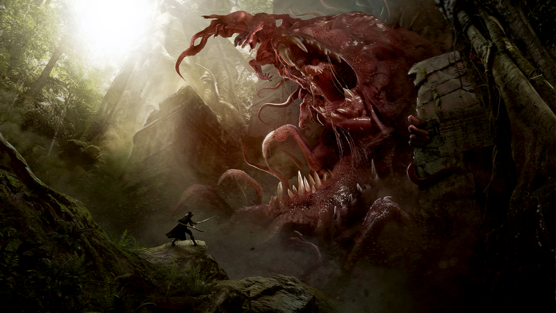 artwork, digital art, fantasy art, creature, giant, alone, standing, sword, staff, teeth, forest, ruins, rocks, trees, wood, battle, hat