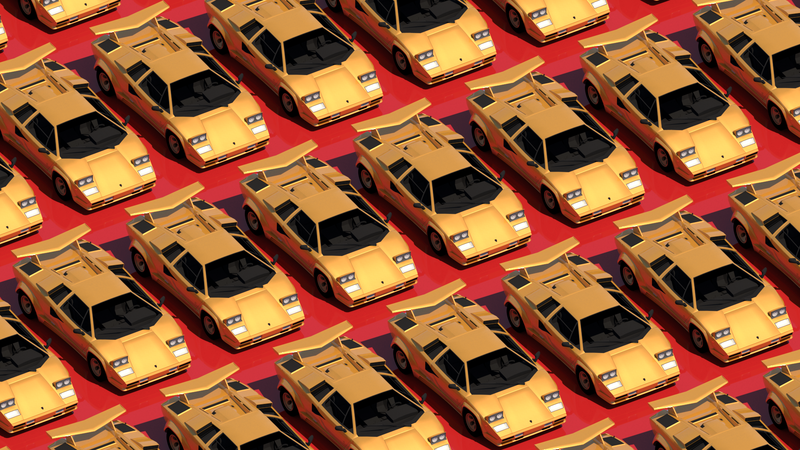 Lamborghini Countach, Countach, car, sports car, classic car, Vintage car, yellow cars, red, yellow, gold, supercars, Italian Supercars, Retrowave, Retro style, synthwave, render, CGI, Sunset Overdrive, industrial, vehicle