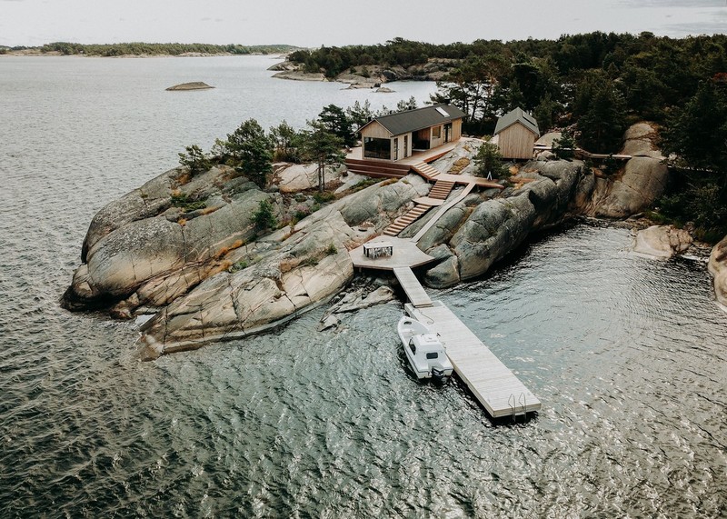 architecture, modern, cabin, house, boat, pier, rock, lake
