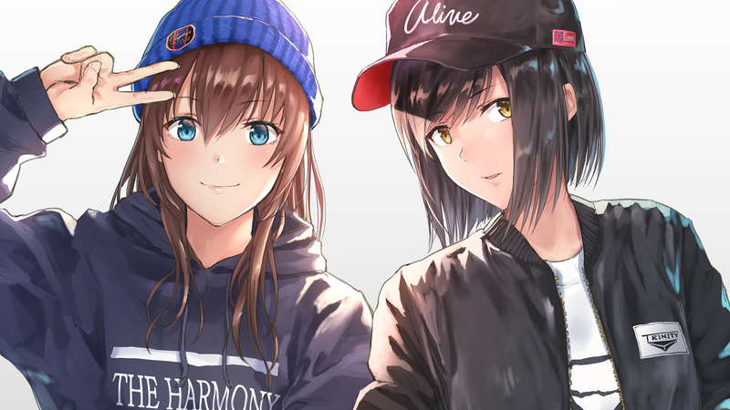 anime girls, blue eyes, yellow eyes, black hair, brunette, Streetwear