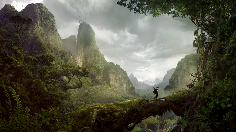 Guillem H. Pongiluppi, digital art, artwork, landscape, Wanderers, forest, trees, mountains, log, walking, hat, clouds, plants, alone
