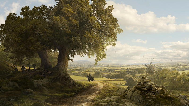 Guillem H. Pongiluppi, digital art, artwork, landscape, trees, clouds, sky, tomb, horse riding, mill, rocks