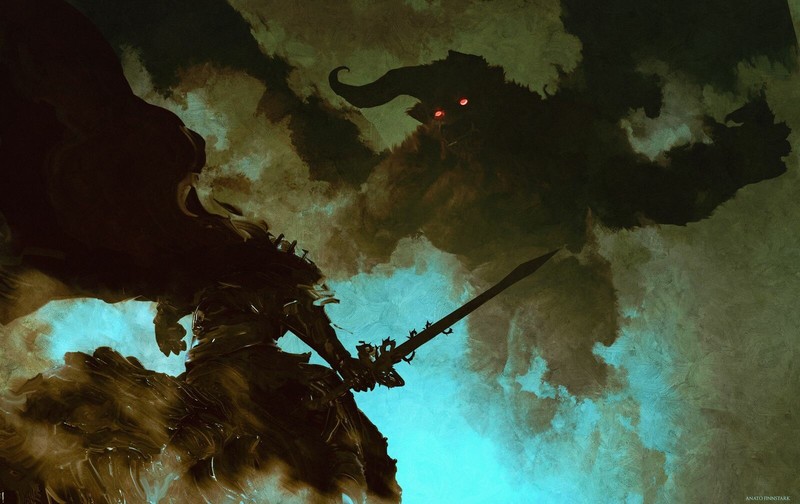 fantasy art, Berserk, demon, sword, cyan, red eyes
