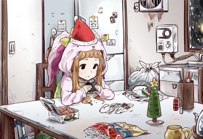THE, THE, anime girls, Christmas, food, anime girls eating, anime, Santa hats
