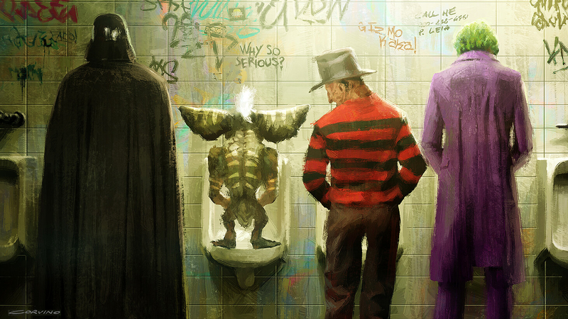 Francesco Corvino, digital art, artwork, Darth Vader, Gremlins, Joker, Freddy Krueger, toilets, Gizmo, humor
