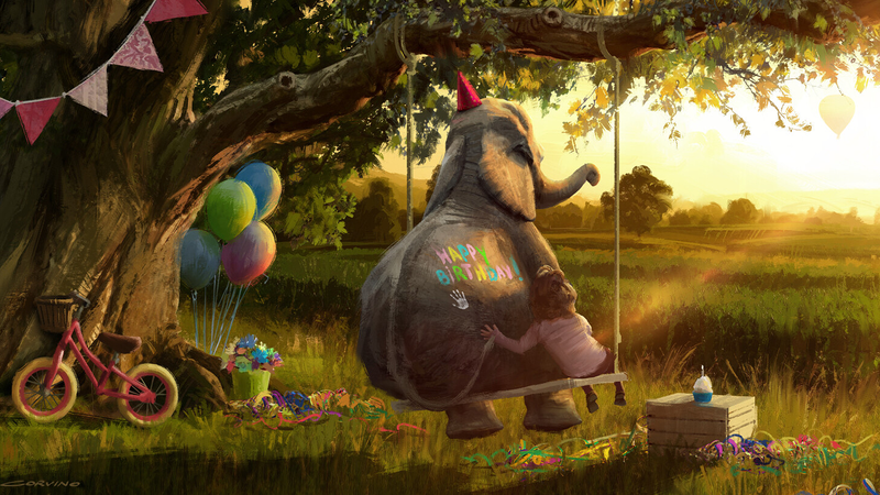 Francesco Corvino, digital art, artwork, elephant, children, sunset, birthday, balloon, bycicle, trees, grass