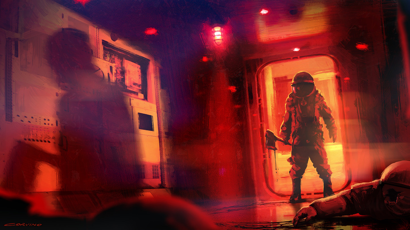 Francesco Corvino, digital art, artwork, Axe, astronaut, death, blood, red light, space suit