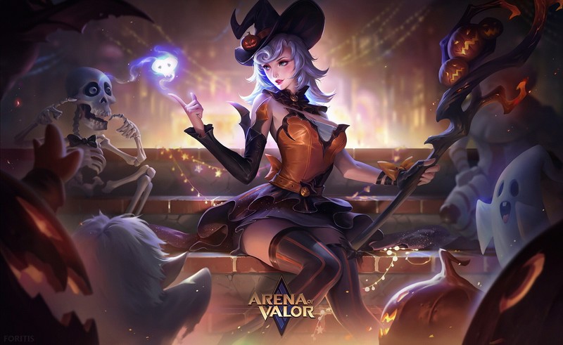 Foritis Wong, drawing, women, long hair, silver hair, hat, pumpkin, skeleton, spell, magician, witch, stockings, skirt, corset, Arena of Valor, staff, ghost