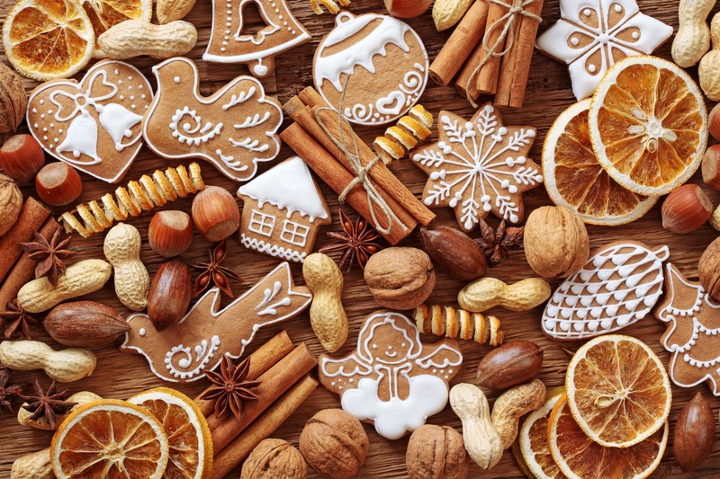 Christmas, cookies, orange (fruit), nuts, cinnamon