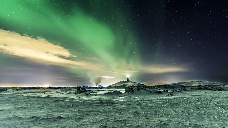 northern lights, aurora, snow, winter, sky, starry sky, natural phenomenon, 4k