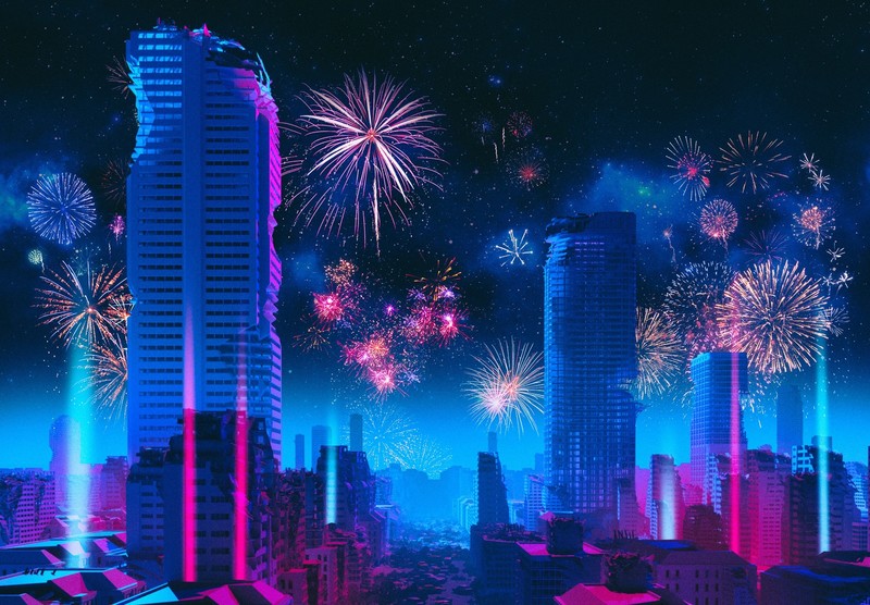 fireworks, city, cityscape, digital art, futuristic city, synthwave