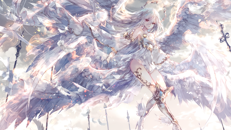 long hair, white hair, wings, clouds