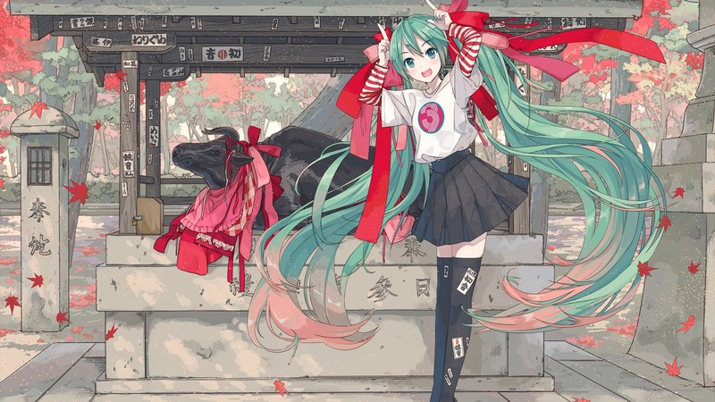 long hair, Hatsune Miku, skirt, twintails, thigh-highs