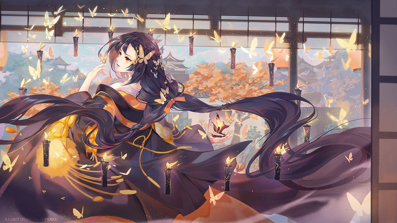 long hair, butterflies, candles, trees