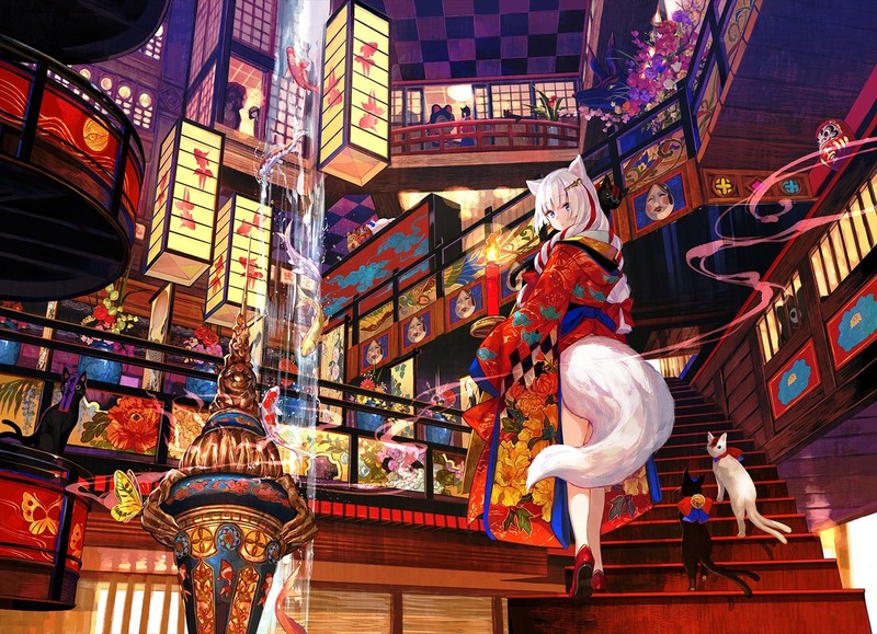 anime, anime girls, white hair, kimono, Japanese kimono, colorful, neko ears, cat ears, nekomimi