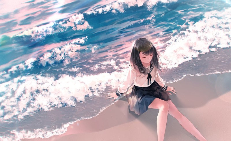 anime, anime girls, beach, school uniform, sea