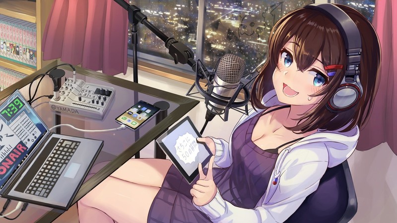 anime, anime girls, headphones, blue eyes, microphone