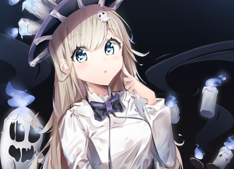 anime, anime girls, Halloween, hat, candles, blonde, blue eyes