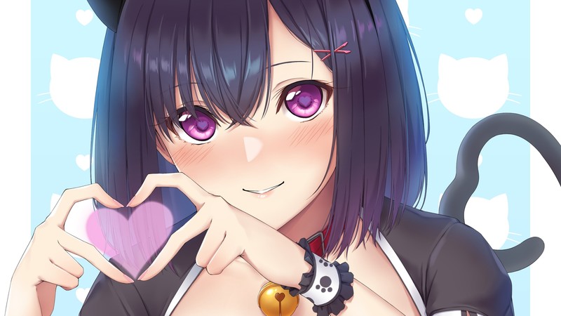 anime, nekomimi, short hair, pink eyes, heart