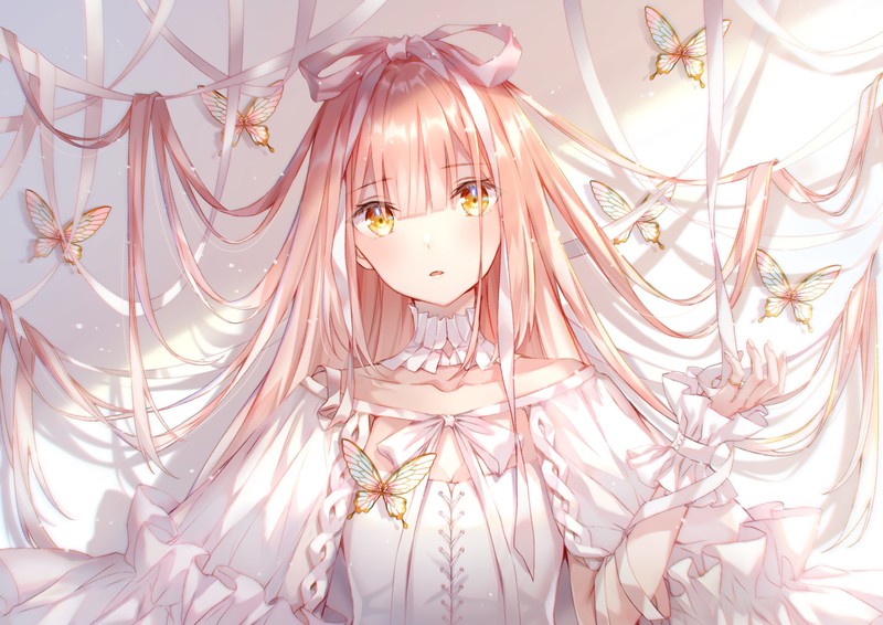 anime, anime girls, dress, butterfly, long hair, pink hair